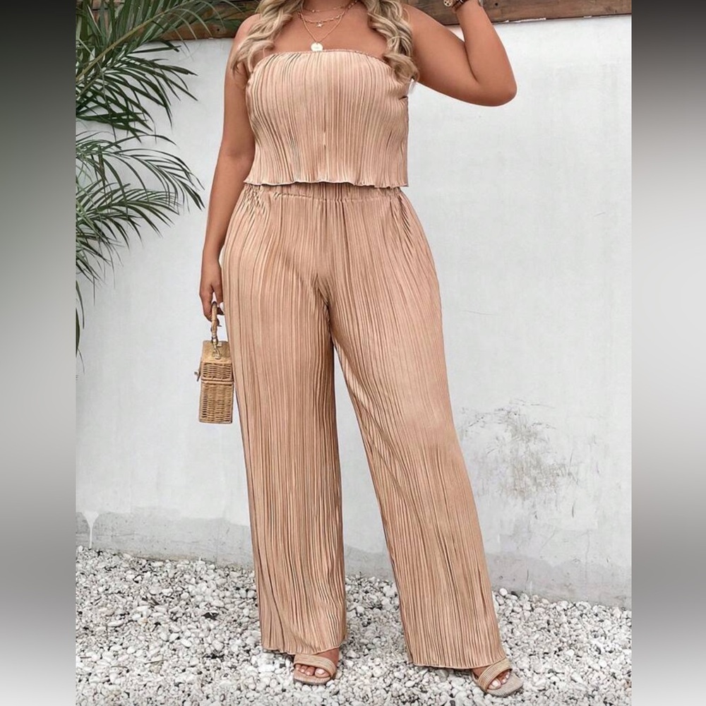 Plus Size Solid Tube Top & Wide Leg Pants Set